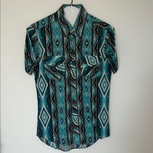 Men's Teal Aztec Short-Sleeve Button-Down Shirt